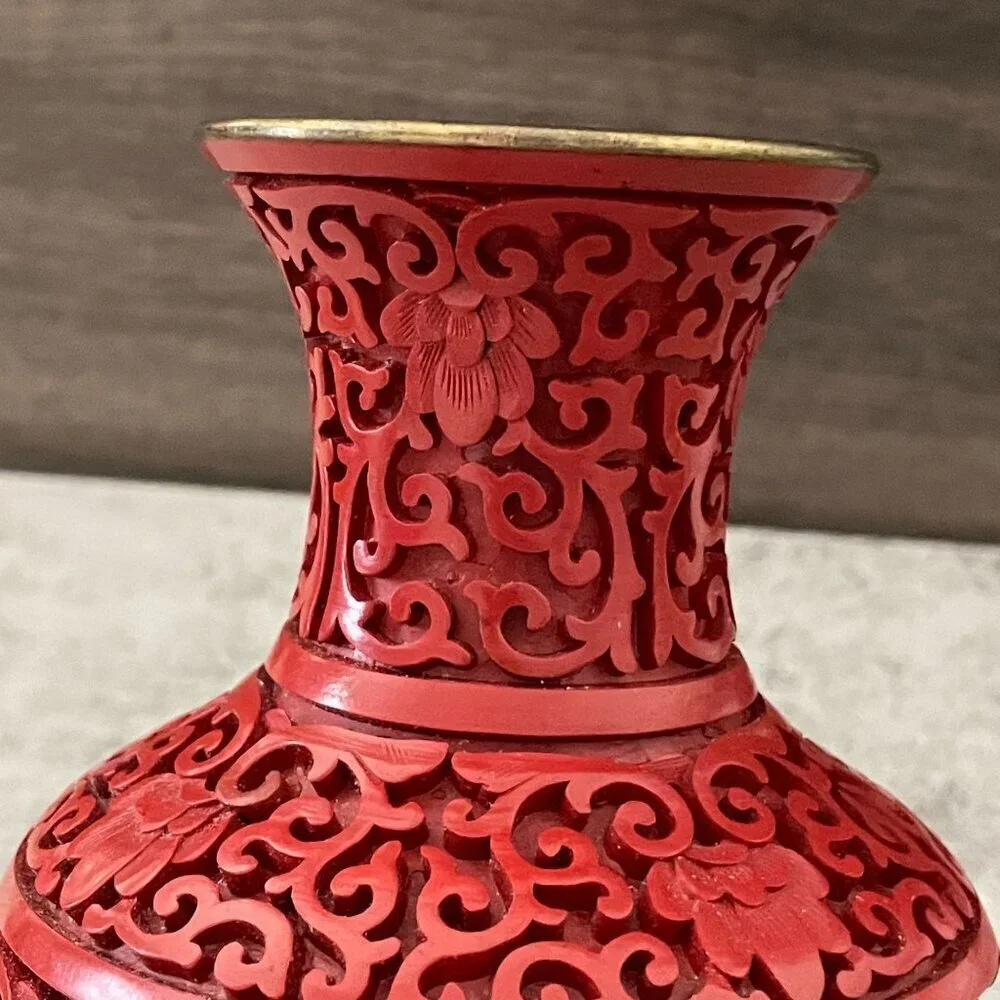 Vintage Red Cinnabar Blue Enamel Brass Hand Carved Lacquer Medium Vase 8.25